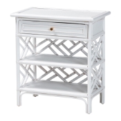 bali & pari Tiaret Natural Rattan Nightstand with Drawer and Shelves - Chippendale -Style Bedside Table for Bedroom or Coastal Living Spaces, White Baxton Studio restaurant furniture, hotel furniture, commercial furniture, wholesale bedroom furniture, wholesale night stand, classic night stand